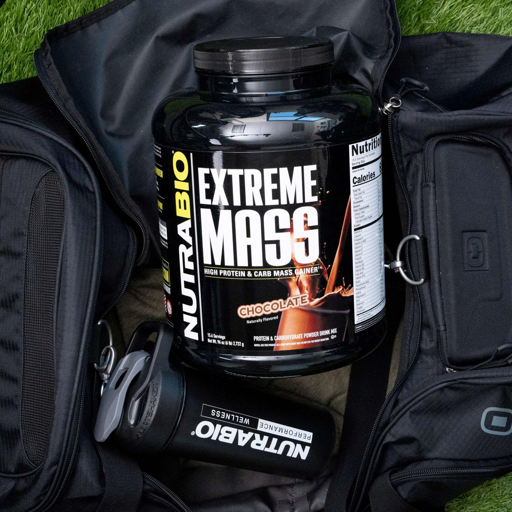 NutraBio Extreme Mass packaging detail focuses on transparent third party tested seal