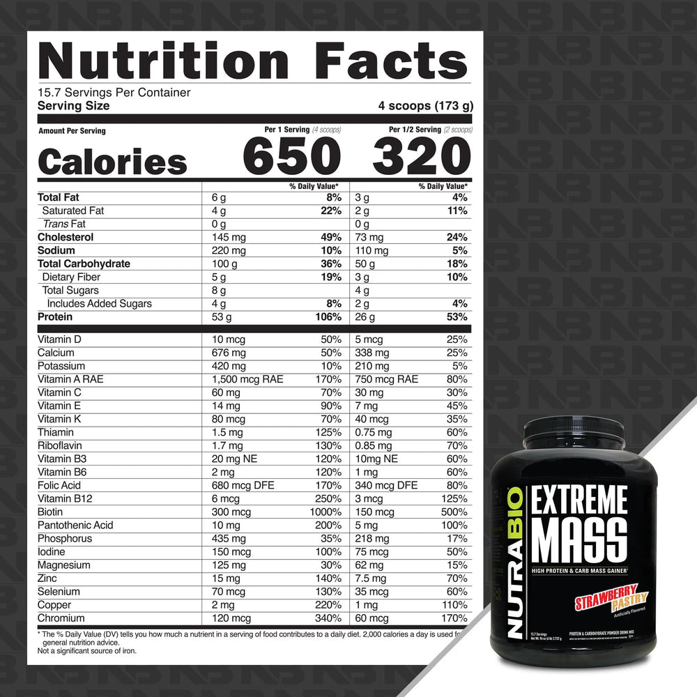 NutraBio Extreme Mass Gainer pouring into a shaker, creamy Strawberry Pastry mix for calorie-dense fueling.
