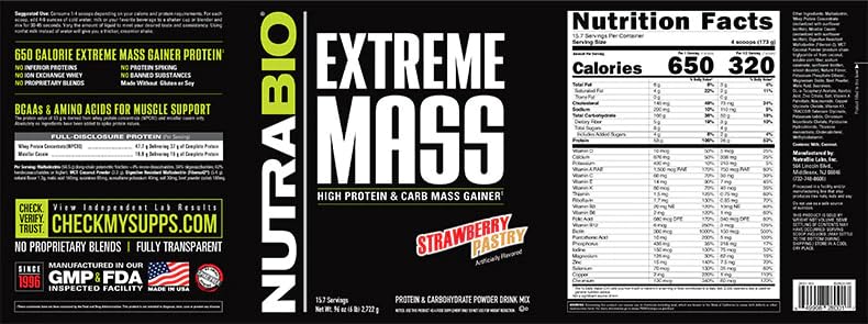 NutraBio Extreme Mass Gainer serving shows 53g protein and 99g carbs per scoop.