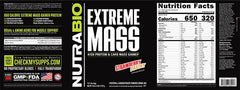 NutraBio Extreme Mass Gainer serving shows 53g protein and 99g carbs per scoop.