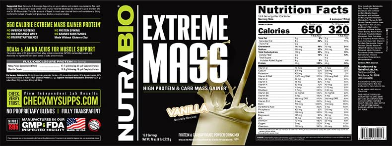 NutraBio Extreme Mass macro breakdown showing 99g carbs per serving.