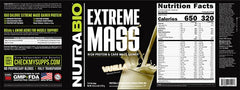 NutraBio Extreme Mass macro breakdown showing 99g carbs per serving.