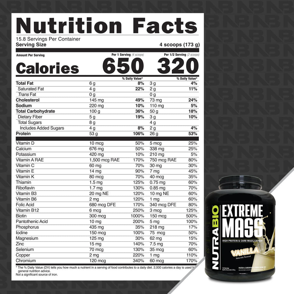 NutraBio Extreme Mass Vanilla bottle with powder ready to mix for workouts.