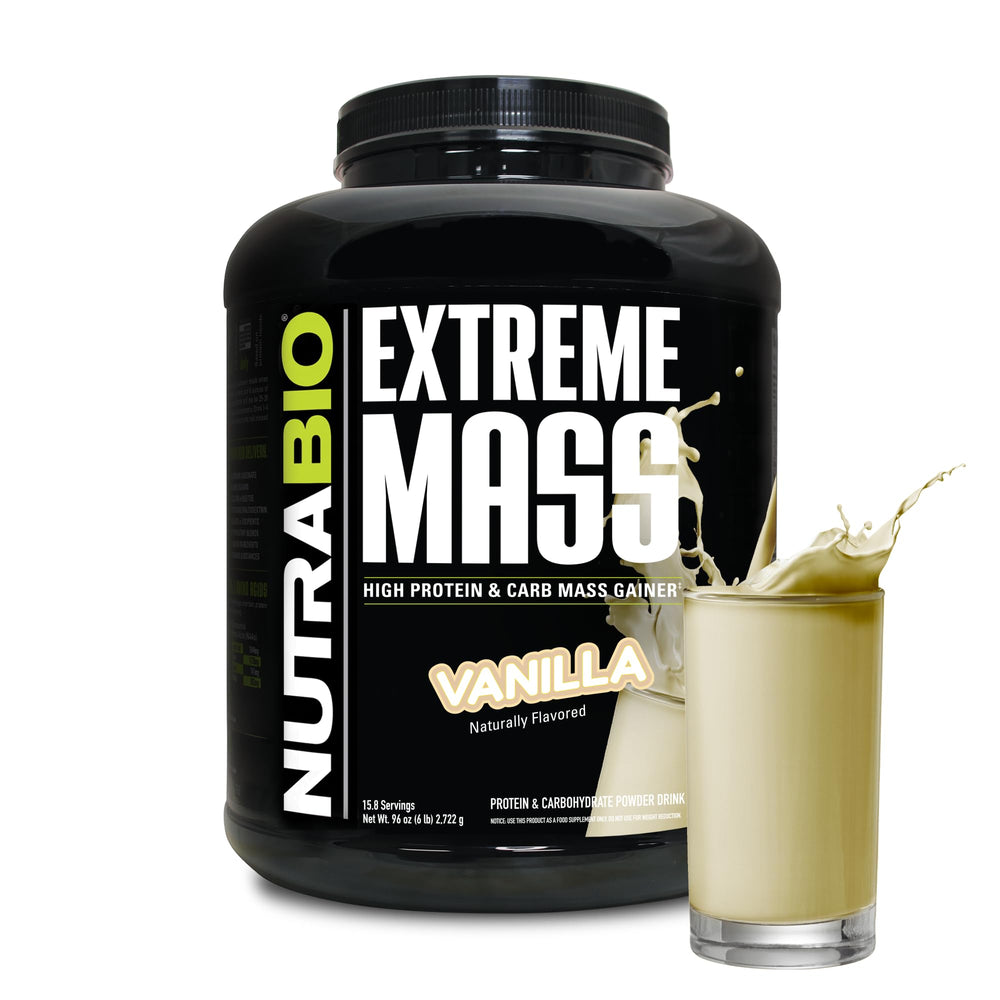 NutraBio Extreme Mass Vanilla scoop showing protein-rich serving for lean muscle support.