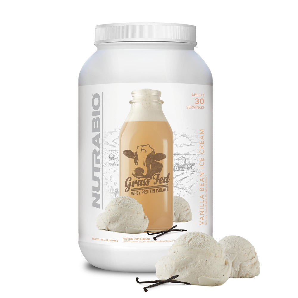NutraBio Grass Fed Whey Isolate vanilla bean scoop for post workout protein