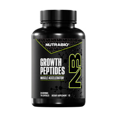 NutraBio Growth Peptides bottle label highlighting packaging for athletes and workout support.