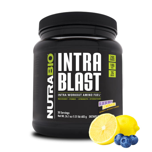 NutraBio Intra Blast blueberry lemonade powder supports hydration during workouts.