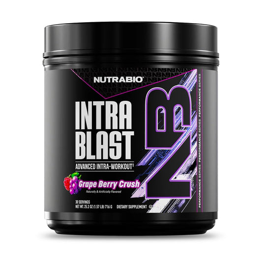 NutraBio Intra Blast bottle highlighting electrolyte hydration during workouts.