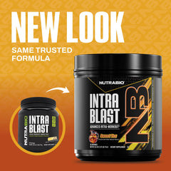 NutraBio Intra Blast powder dispense highlights quick intra-workout amino acid delivery