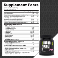 NutraBio Intra Blast scoop dispensing, dragonfruit candy flavor, quick mix for training.