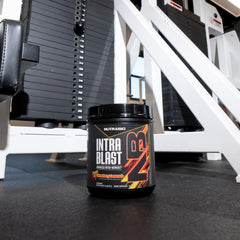 NutraBio Intra Blast strawberry lemonade drink suggests refreshing intra-workout hydration