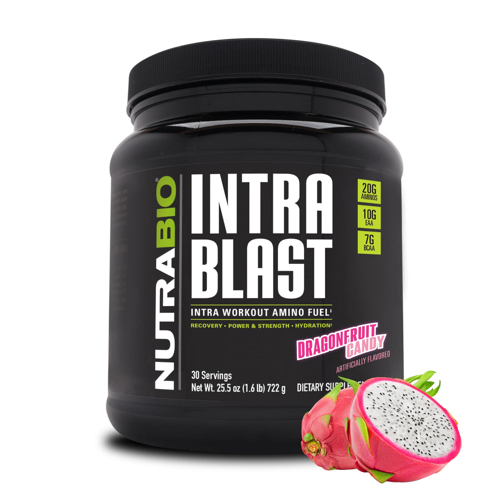 NutraBio Intra Blast tub open, dragonfruit candy flavor, for intra-workout hydration.