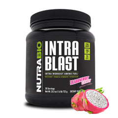 NutraBio Intra Blast tub open, dragonfruit candy flavor, for intra-workout hydration.