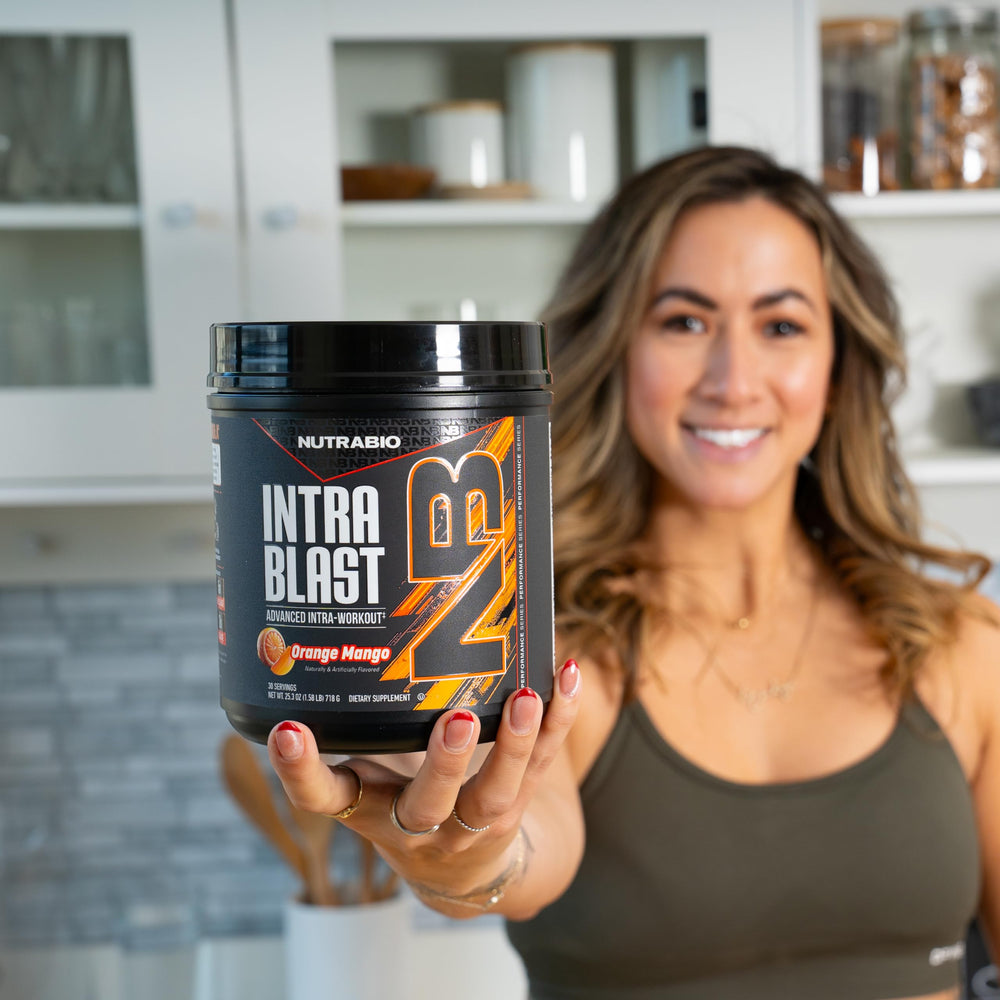 NutraBio Intra Blast tub label highlighting 30 serving count and clean ingredients.