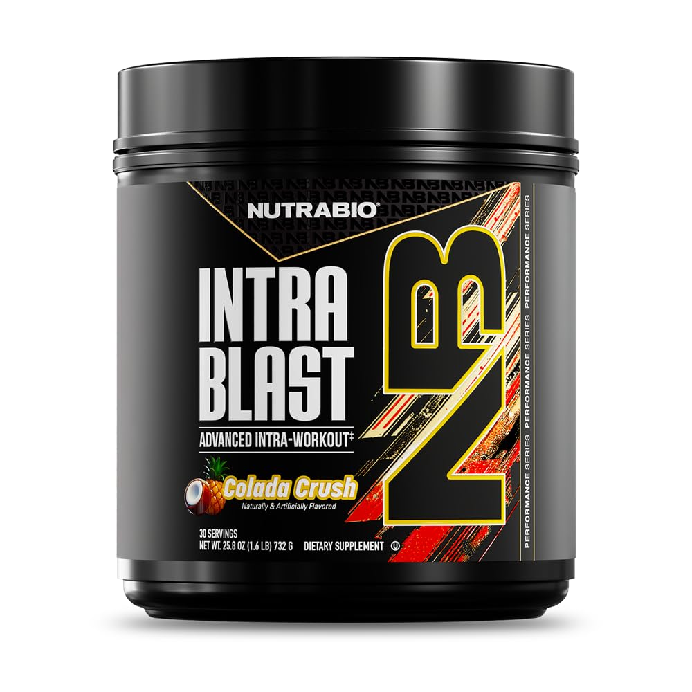 NutraBio Intra Blast tub label showing the amino acid blend for workouts.