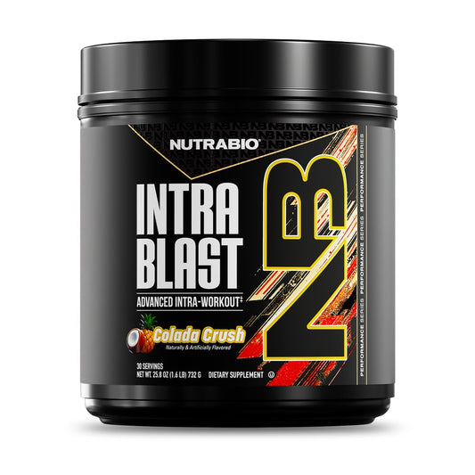 NutraBio Intra Blast tub label showing the amino acid blend for workouts.