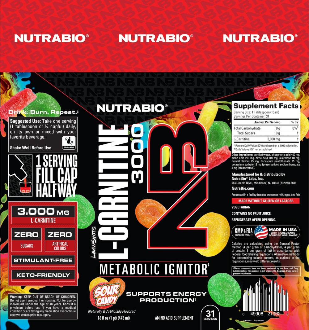 NutraBio L-Carnitine label shows 3000mg and zero carbs or sugars.