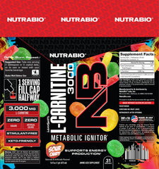 NutraBio L-Carnitine label shows 3000mg and zero carbs or sugars.