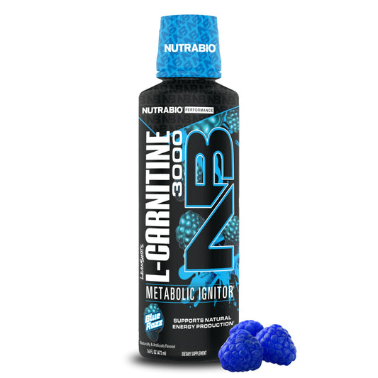 NutraBio L-Carnitine Liquid Shots bottle close-up highlighting energy support and Blue Razz flavor.