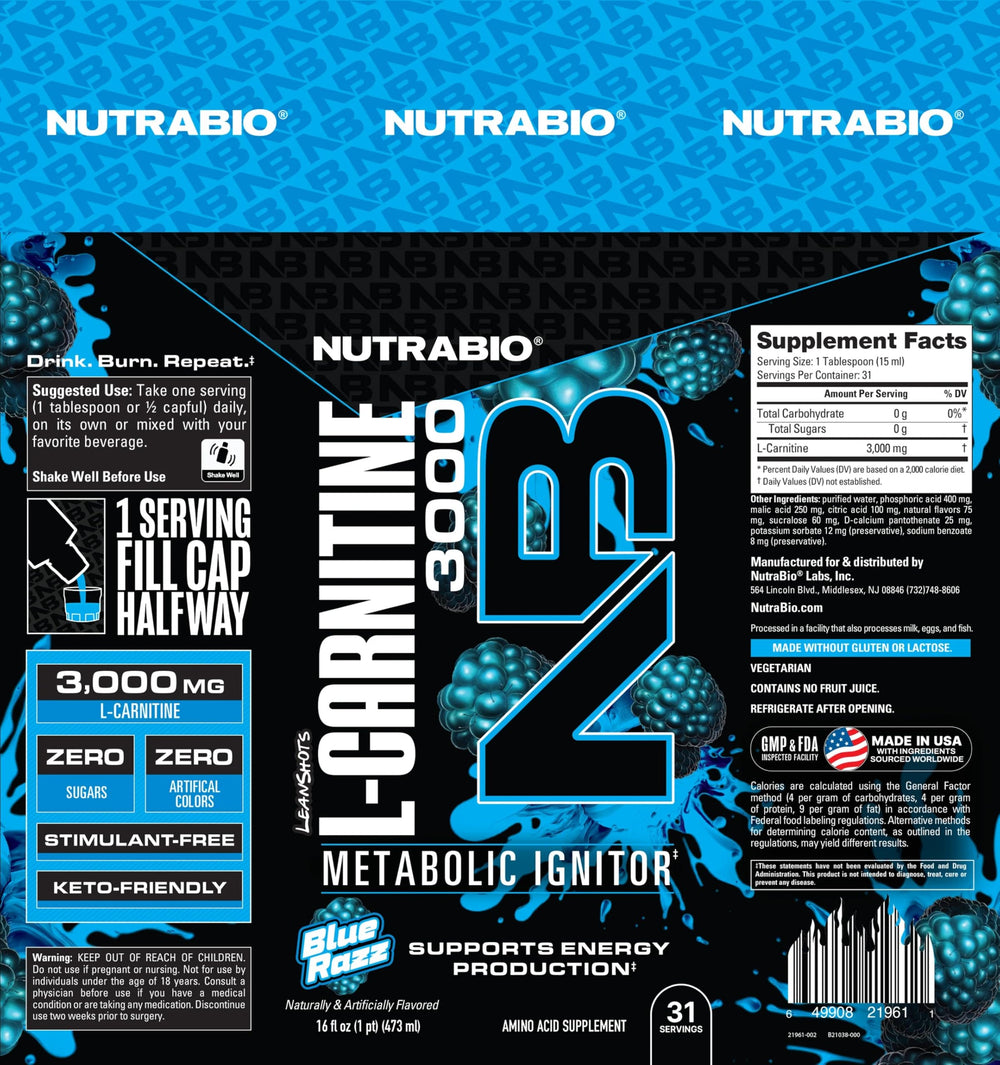 NutraBio L-Carnitine Liquid Shots ingredient label close-up confirms 3000mg per dose.