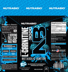 NutraBio L-Carnitine Liquid Shots ingredient label close-up confirms 3000mg per dose.