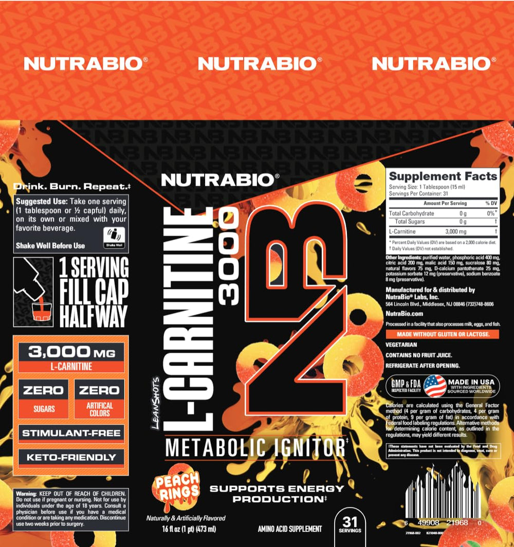 NutraBio L-Carnitine Shots bottle close-up with Vitamin B5
