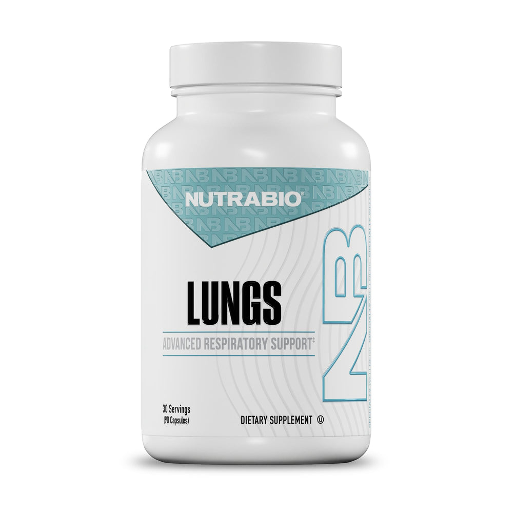 NutraBio Lungs bottle front showing label and dosage information for daily support.