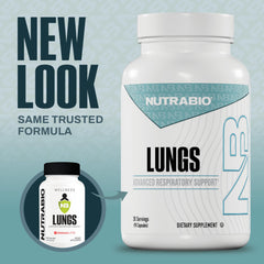 NutraBio Lungs capsules close-up showing individual capsules for daily dosing.