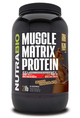 NutraBio Muscle Matrix Dutch Chocolate powder with dual protein release.