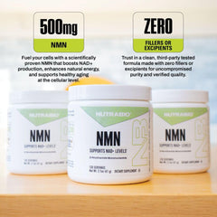 NutraBio NMN packaging flatlay with bottle, capsules, and label
