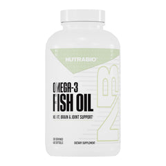 NutraBio Omega 3 bottle highlighting 2000 mg softgels for heart health support.