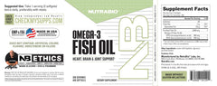 NutraBio Omega 3 label close-up displaying EPA and DHA facts.