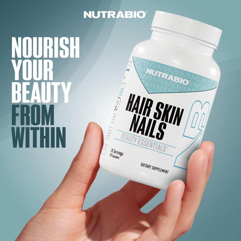 NutraBio packaging box showcasing a premium hair, skin, nails formula.