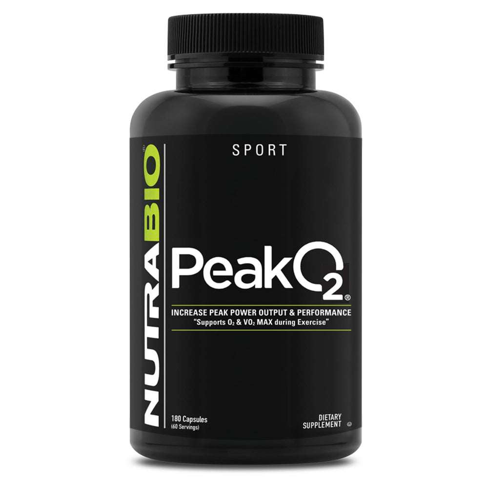 NutraBio PeakO2 bottle with mushroom blend for workouts and endurance support.