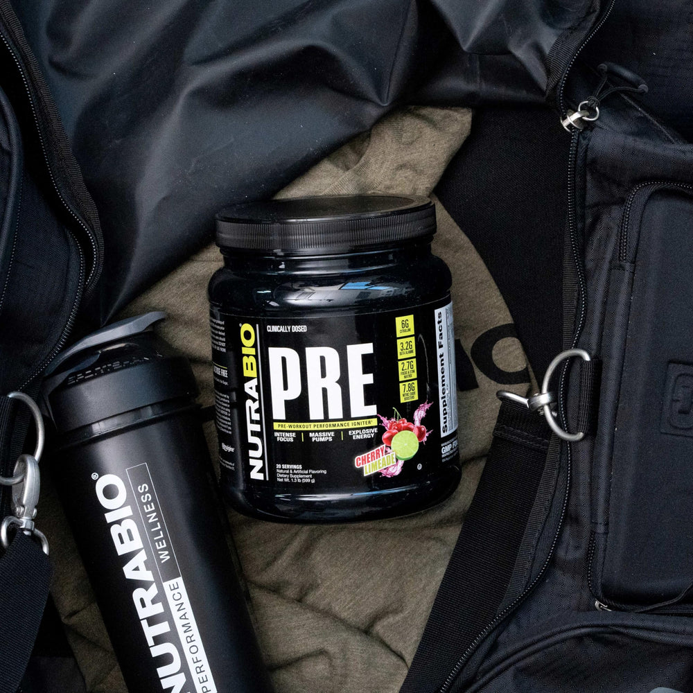 NutraBio PRE Workout Powder bottle on shelf signals everyday training companion.
