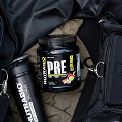 NutraBio PRE Workout Powder bottle on shelf signals everyday training companion.