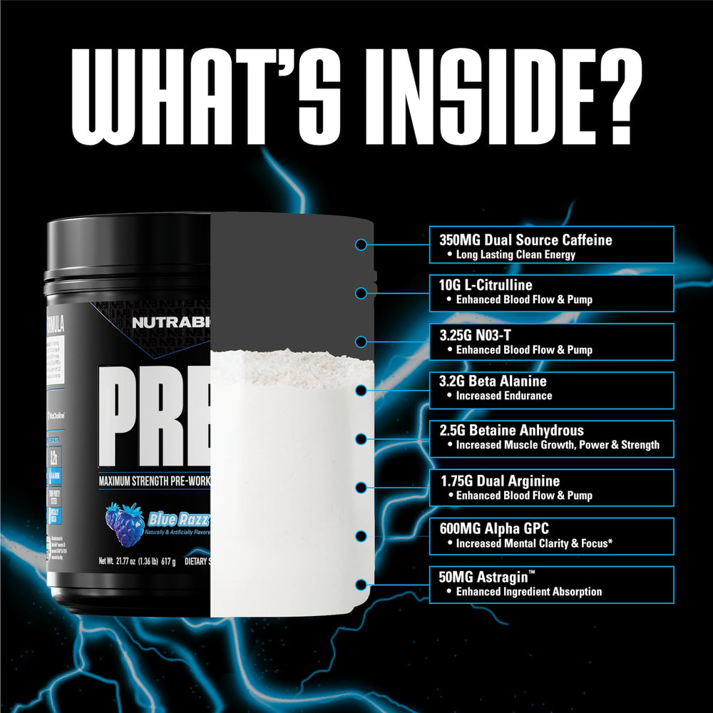 NutraBio Preworkout Blue Razz scoop dispensing precise dose for workouts