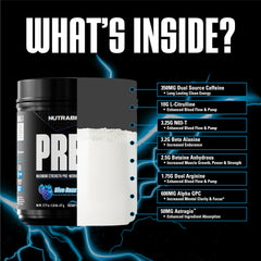 NutraBio Preworkout Blue Razz scoop dispensing precise dose for workouts