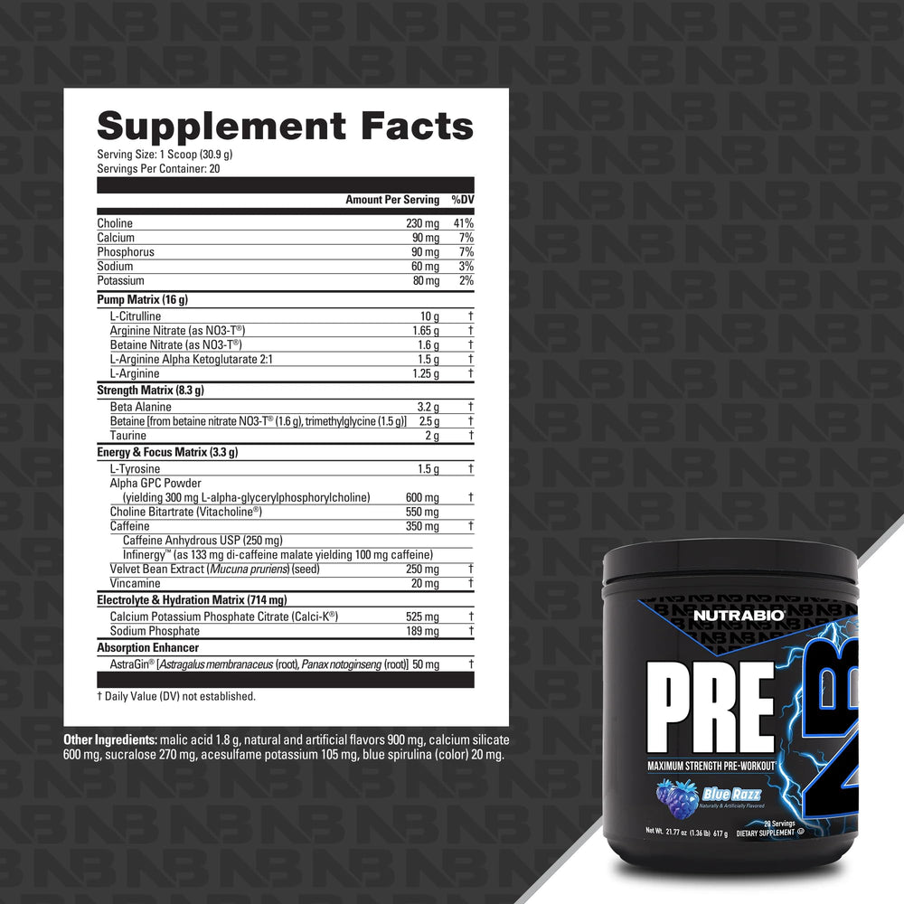 NutraBio Preworkout Blue Razz shaker ready for training
