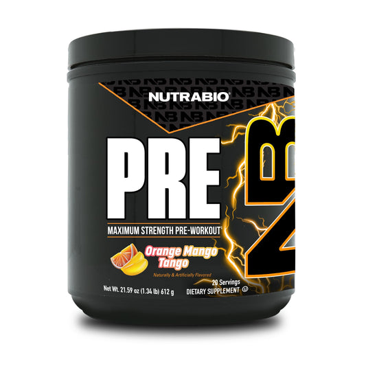 NutraBio PRE Orange Mango can for explosive energy during workouts.