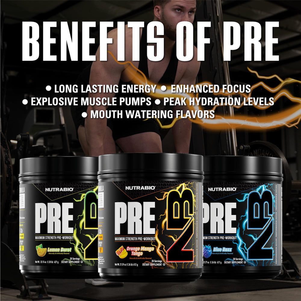 NutraBio PRE Orange Mango mixing bottle with shaker ball.