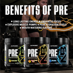 NutraBio PRE Orange Mango mixing bottle with shaker ball.
