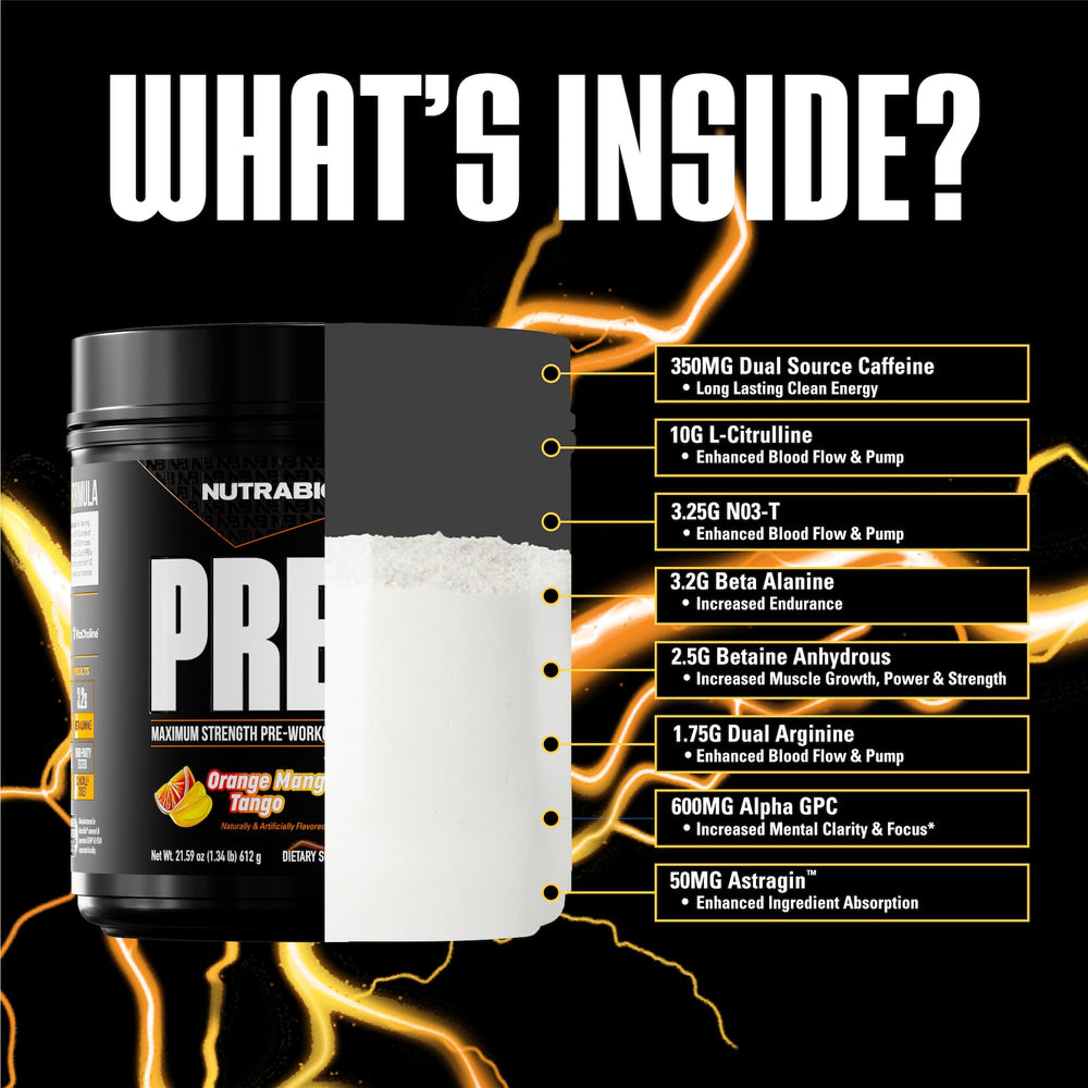 NutraBio PRE Orange Mango powder in a shaker promoting focus.