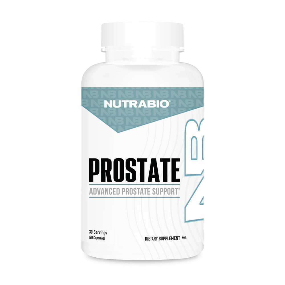 NutraBio Prostate bottle front showing a full-spectrum formula for daily urinary comfort.