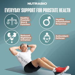 NutraBio Prostate bottle label detail emphasizing clinically dosed, full-spectrum blend.