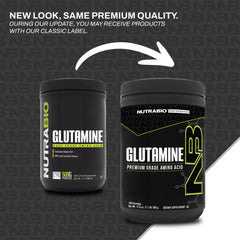 USA-made NutraBio L-Glutamine powder on a clean kitchen counter