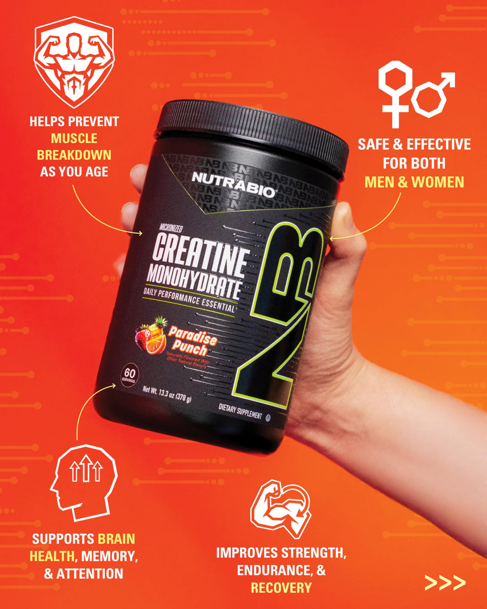 NutraBio Pure Creatine tub front showing Paradise Punch flavor and 300g size