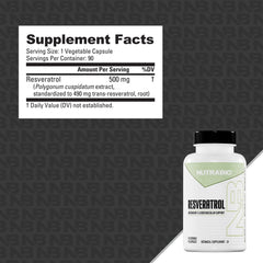 NutraBio Resveratrol serving size image with 90 capsules in bottle.