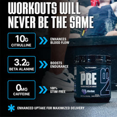 NutraBio STIM-Free PRE Workout blue razz scoop, ready-to-mix powder for focused workouts.