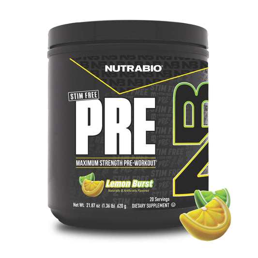 NutraBio STIM-Free PRE-Workout Lemon Burst front tub highlighting a clean formula for focused training sessions.